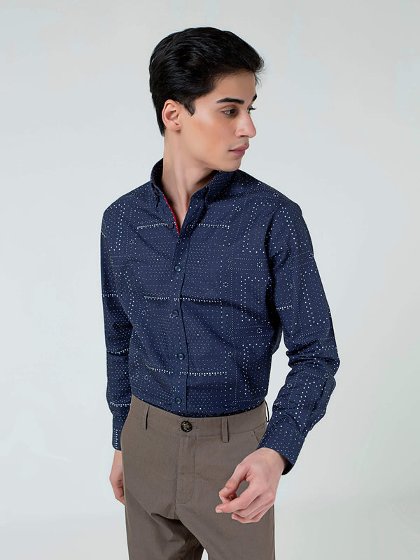 Navy Blue Geometric Printed Button Down Shirt Brumano Pakistan