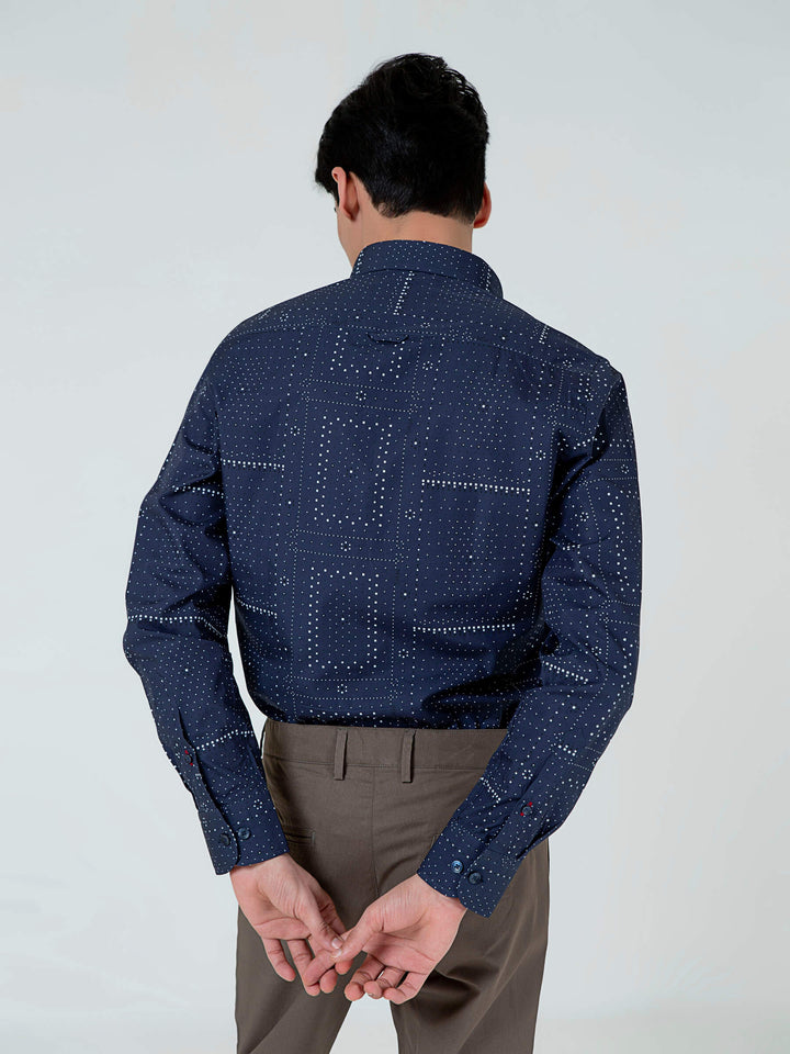 Navy Blue Geometric Printed Button Down Shirt Brumano Pakistan