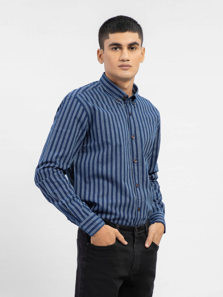 Navy Blue Indigo Dyed Striped Button Down Shirt Brumano Pakistan