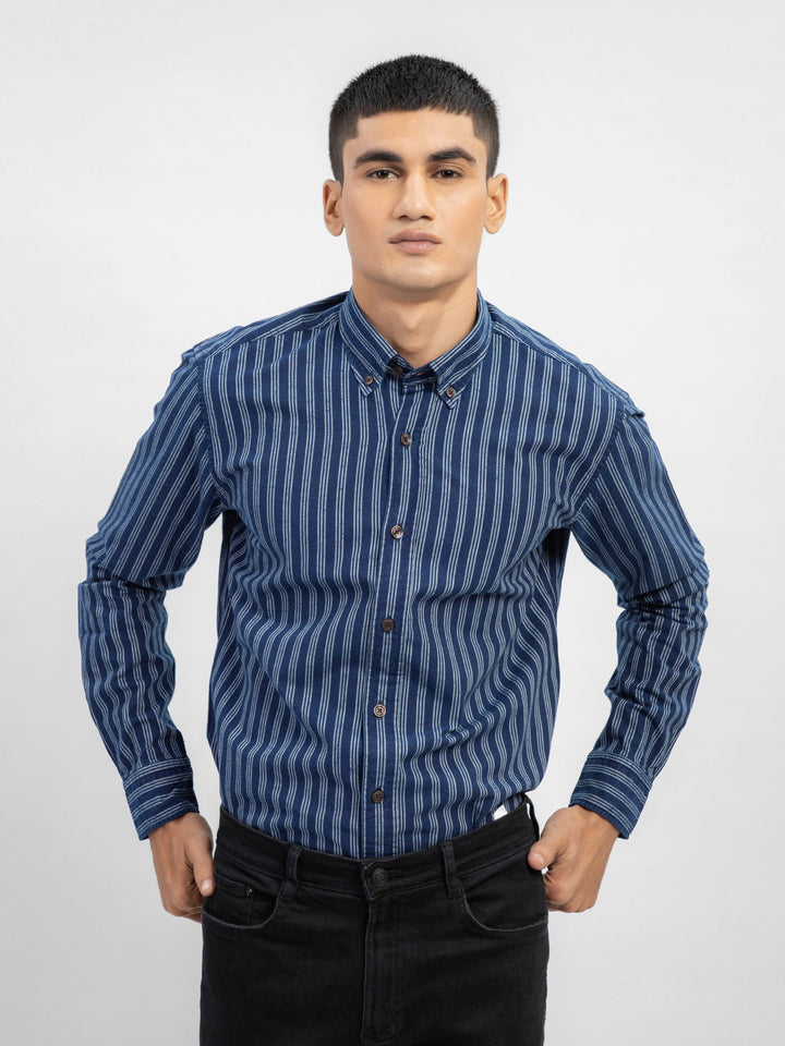 Navy Blue Indigo Dyed Striped Button Down Shirt Brumano Pakistan