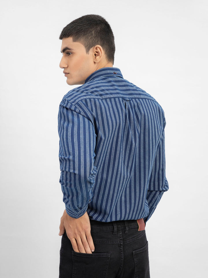 Navy Blue Indigo Dyed Striped Button Down Shirt Brumano Pakistan