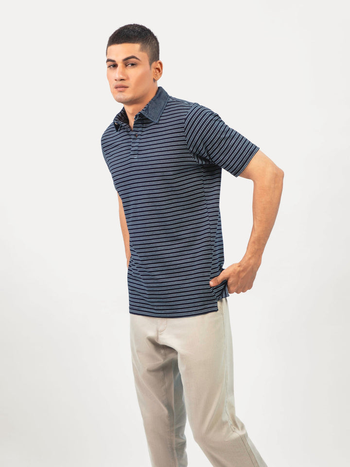 Navy Blue Indigo Striped Polo Shirt Slimfit Brumano Pakistan