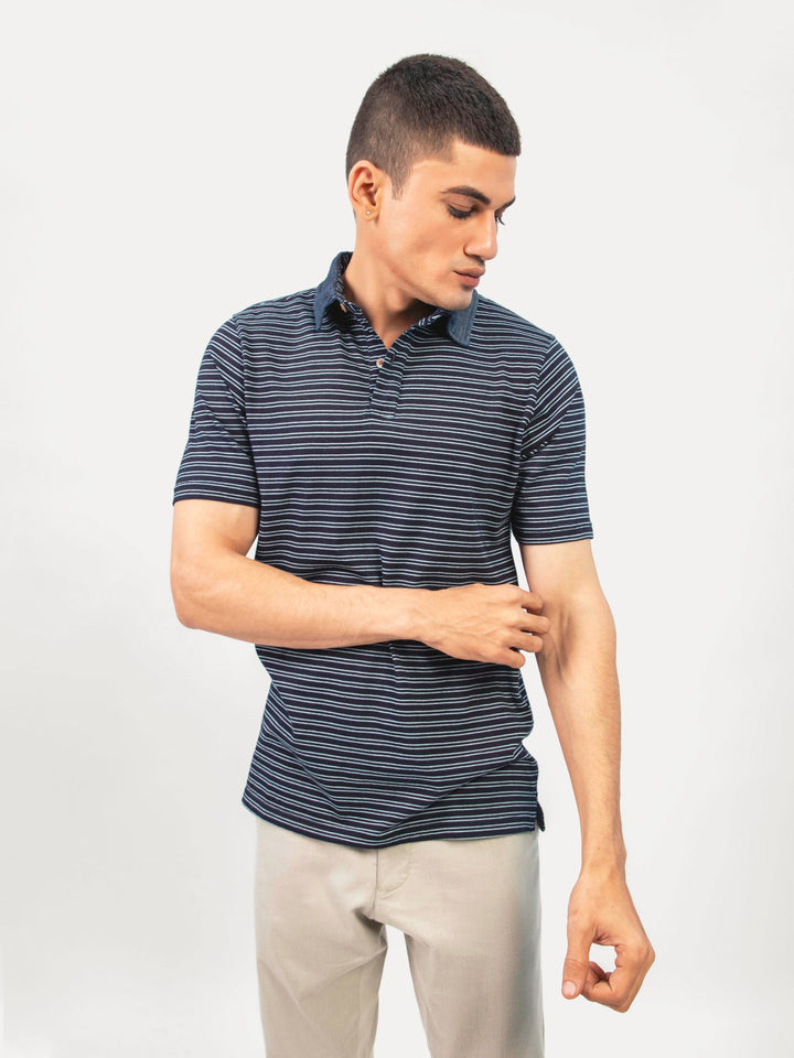 Navy Blue Indigo Striped Polo Shirt Slimfit Brumano Pakistan