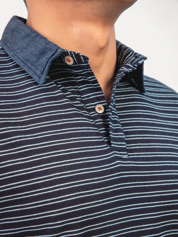 Navy Blue Indigo Striped Polo Shirt Slimfit Brumano Pakistan