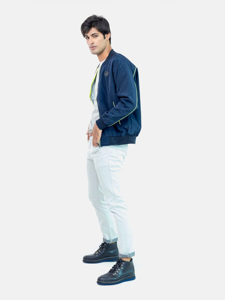 Navy Blue Light Bomber Jacket With Neon Detailing Brumano Pakistan