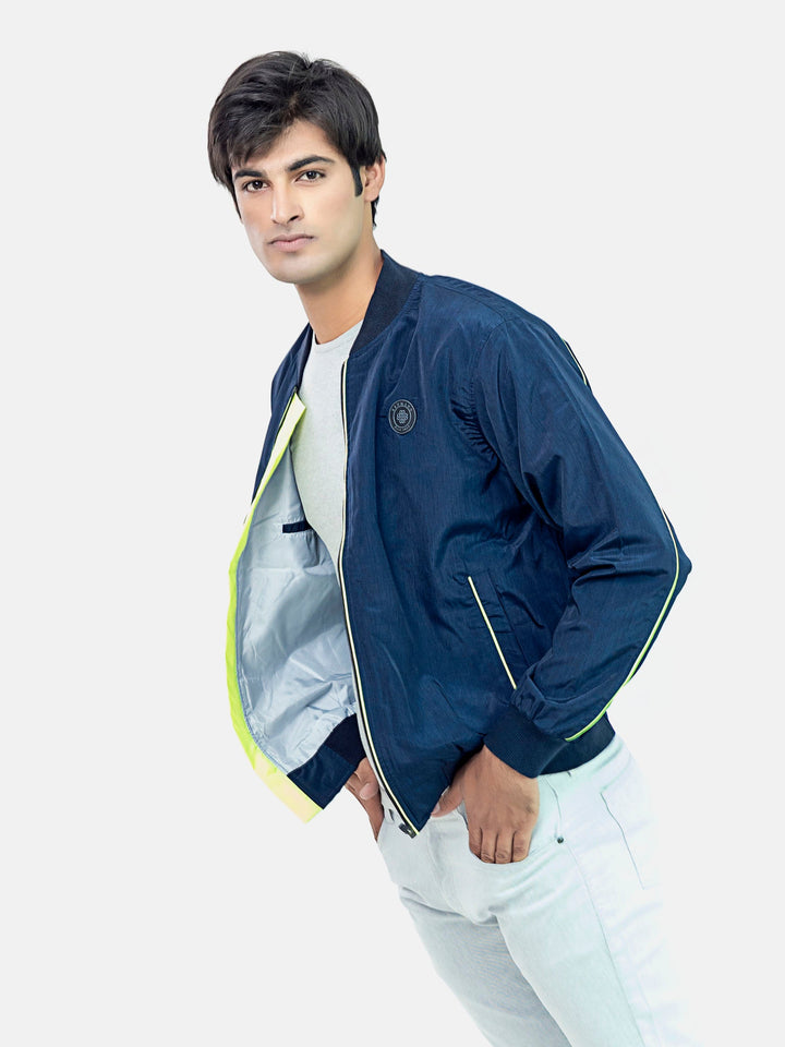 Navy Blue Light Bomber Jacket With Neon Detailing Brumano Pakistan