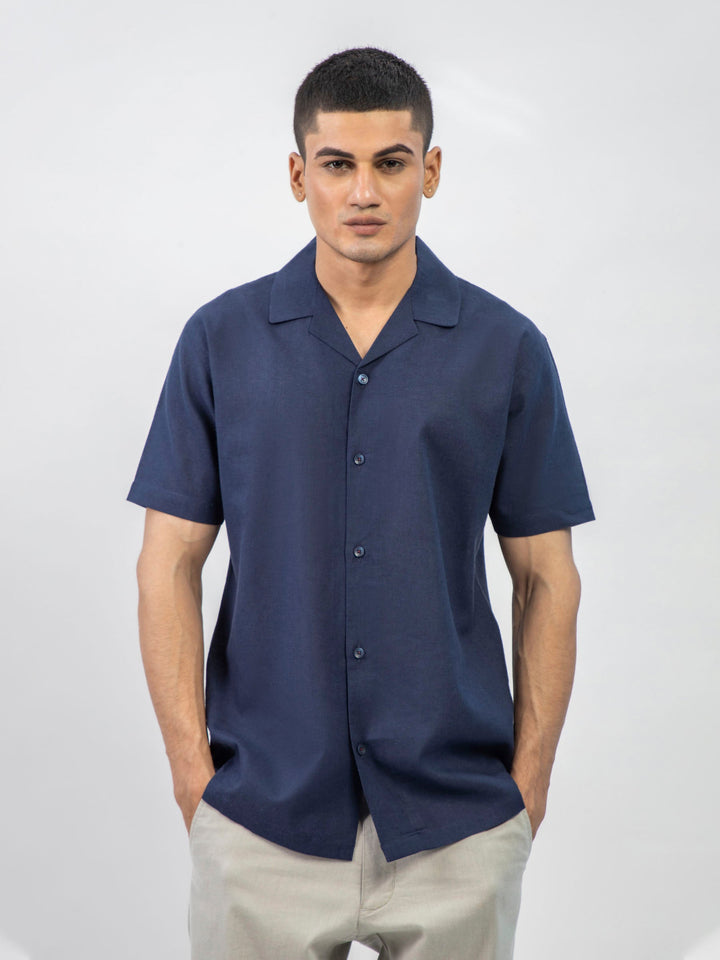 Navy Blue Linen Blended Half Sleeve Cuban Collar Shirt Brumano Pakistan