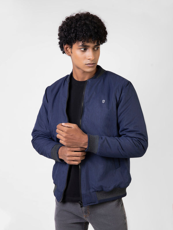 Navy Blue Quilted Bomber Jacket With Contrasting Rib