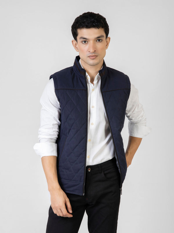 Navy Blue Quilted Sleeveless Jacket