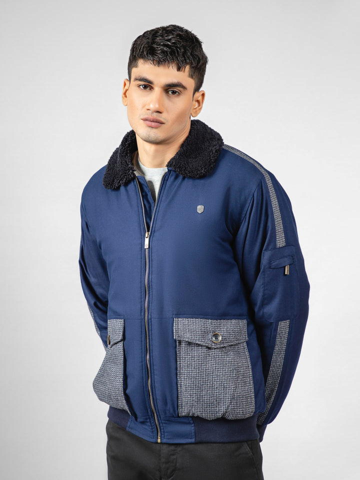 Navy Blue Sherpa Collar Aviator Jacket With Cashmere Pockets Brumano Pakistan