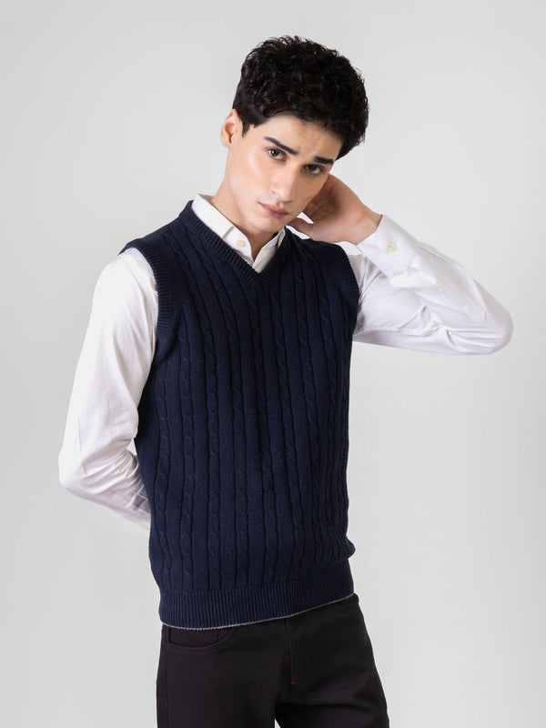 Navy Blue Sleeveless Cable Knitted Sweater