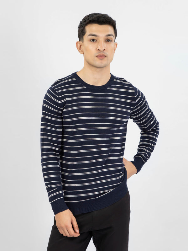 Navy Blue Striped Crew Neck Jumper