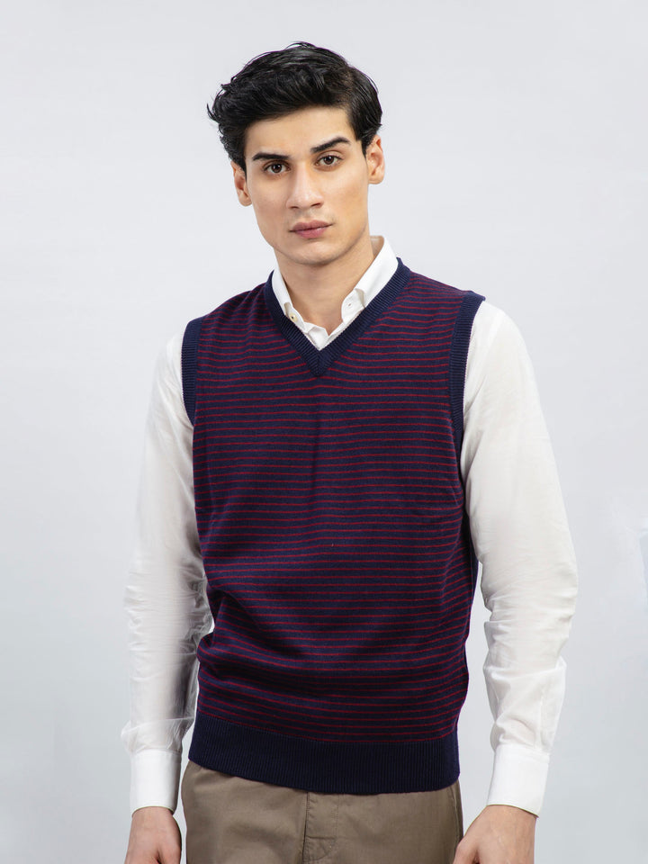 Navy Blue Striped Wool Blended Sleeveless Sweater Brumano Pakistan