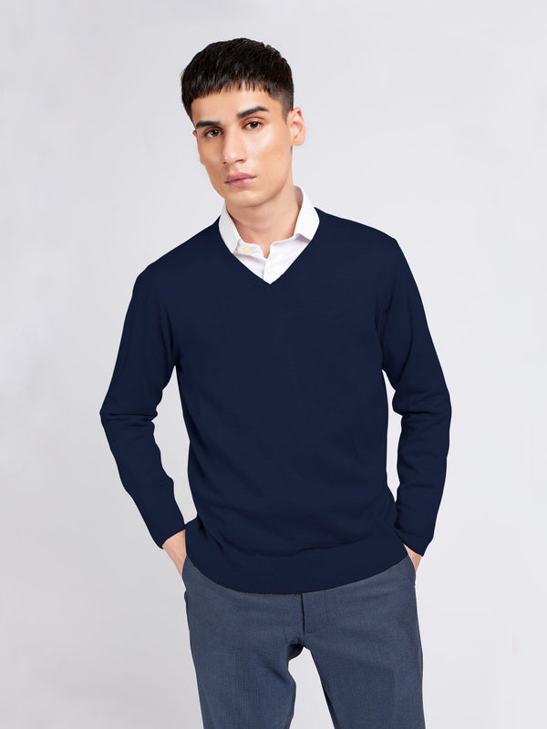 Navy Blue V-Neck Wool Blended Sweater Brumano Pakistan