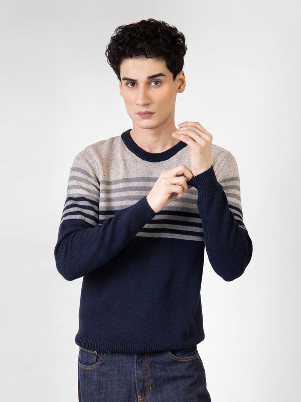 Navy Blue & Beige Contrasting Striped Crew Neck Jumper