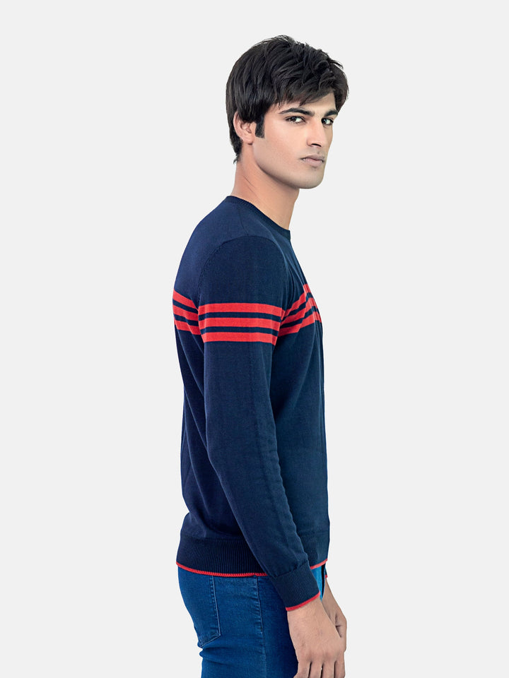 Navy Blue & Red Striped Crew Neck Jumper