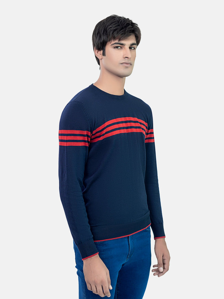 Navy Blue & Red Striped Crew Neck Jumper