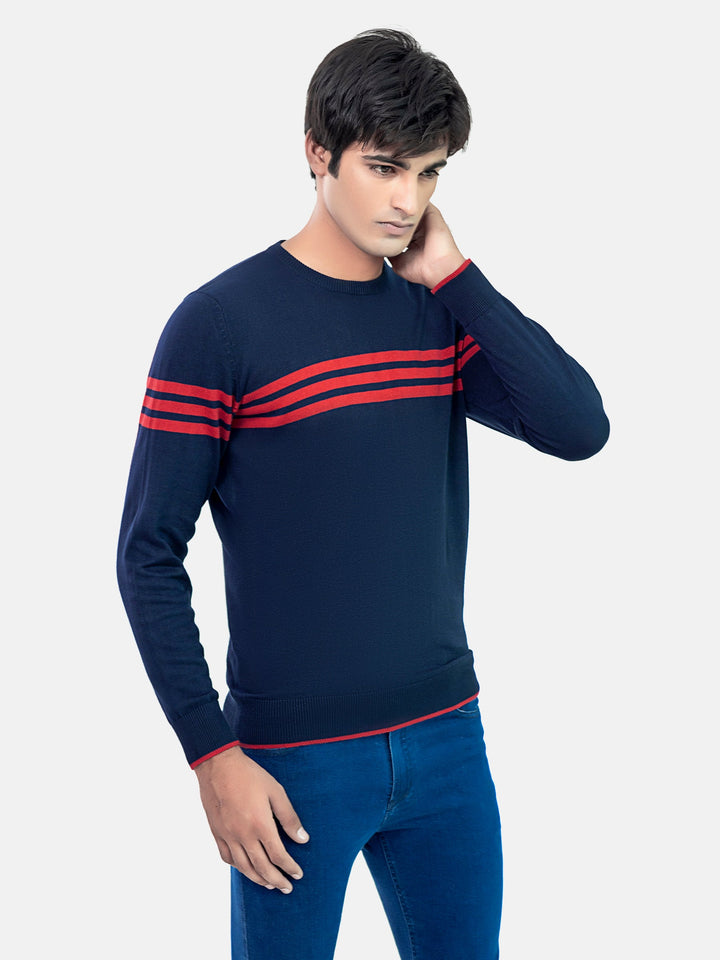 Navy Blue & Red Striped Crew Neck Jumper