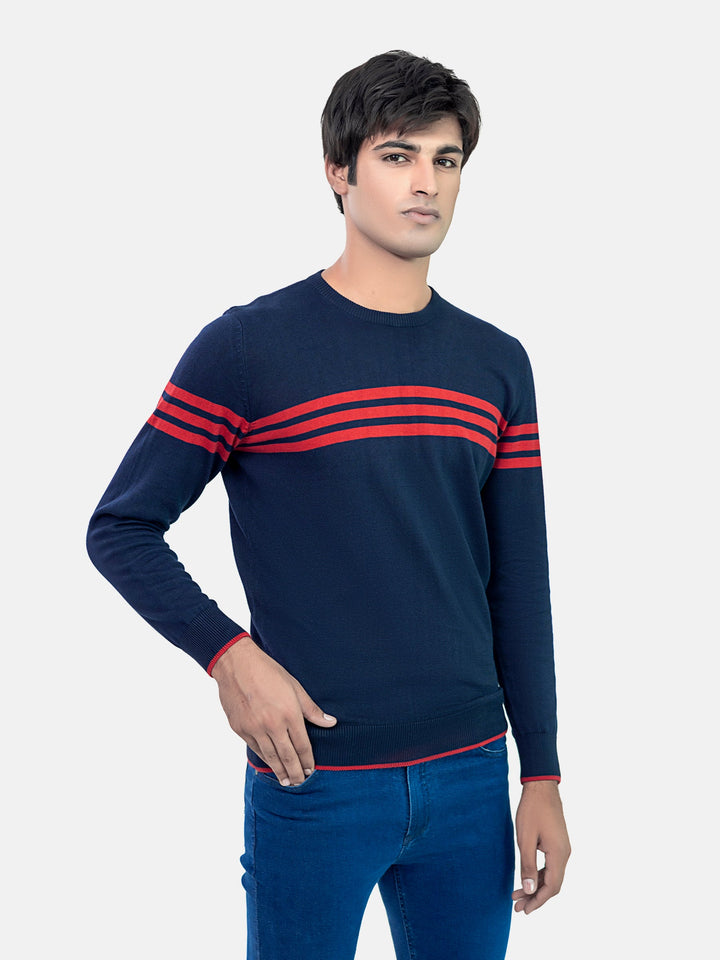 Navy Blue & Red Striped Crew Neck Jumper