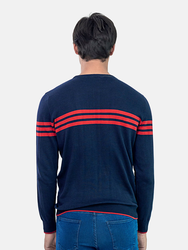 Navy Blue & Red Striped Crew Neck Jumper