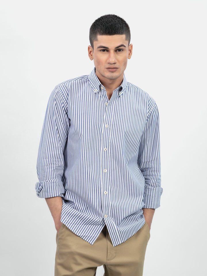 Navy Blue & White Bengal Striped Button Down Shirt Brumano Pakistan