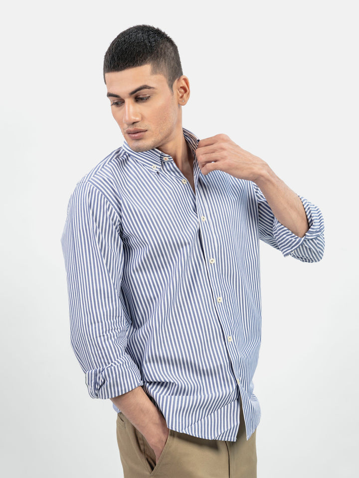 Navy Blue & White Bengal Striped Button Down Shirt Brumano Pakistan