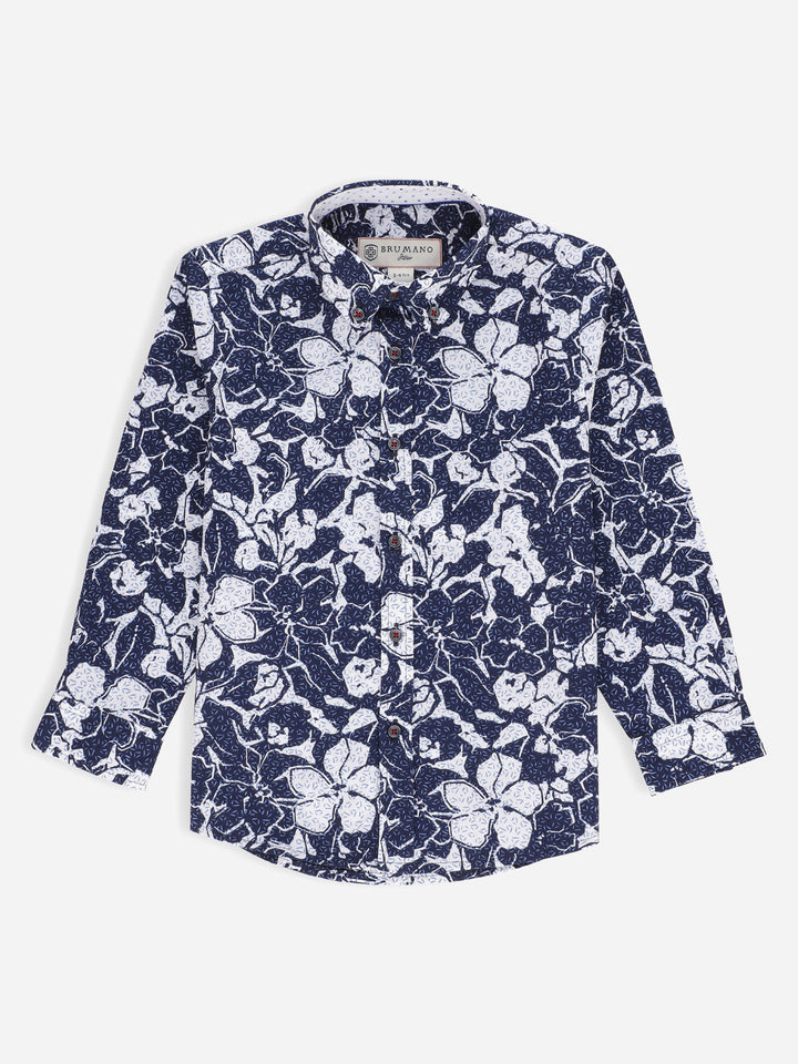 Navy Blue & White Printed Long Sleeve Casual Shirt Brumano Pakistan