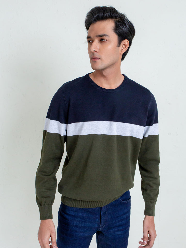 Olive & Navy Striped Crew Neck Sweater Brumano Pakistan