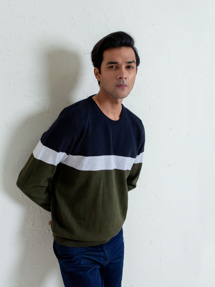 Olive & Navy Striped Crew Neck Sweater Brumano Pakistan