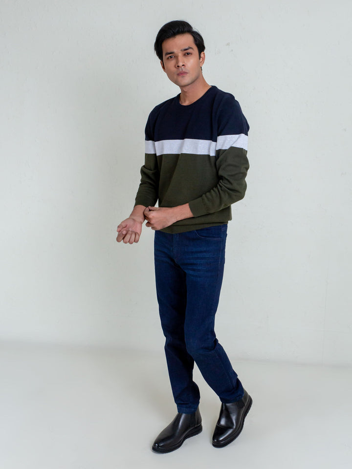 Olive & Navy Striped Crew Neck Sweater Brumano Pakistan