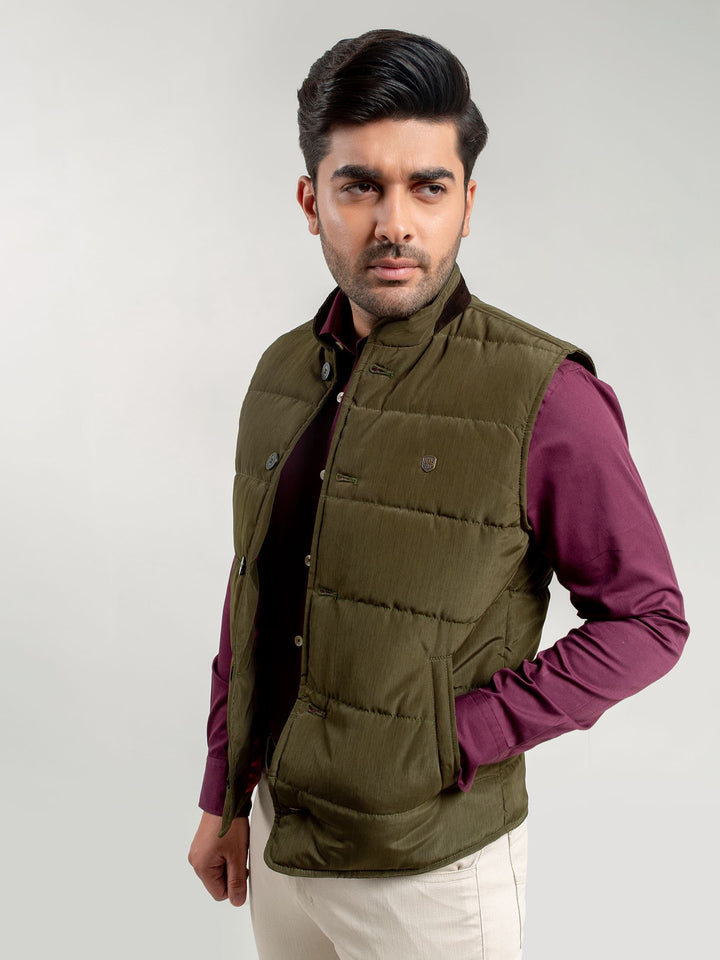 Olive Quilted Sleeveless Vest With Leather Detailing Brumano Pakistan