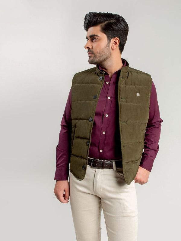 Olive Quilted Sleeveless Vest With Leather Detailing Brumano Pakistan