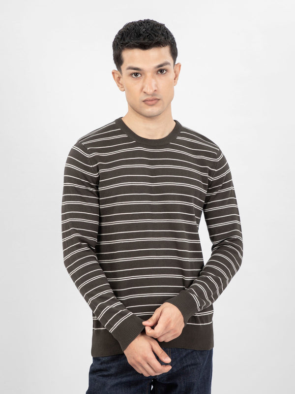 Olive Green Striped Crew Neck Jumper