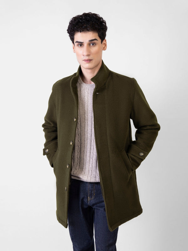 Olive Green Wool Blended Long Coat