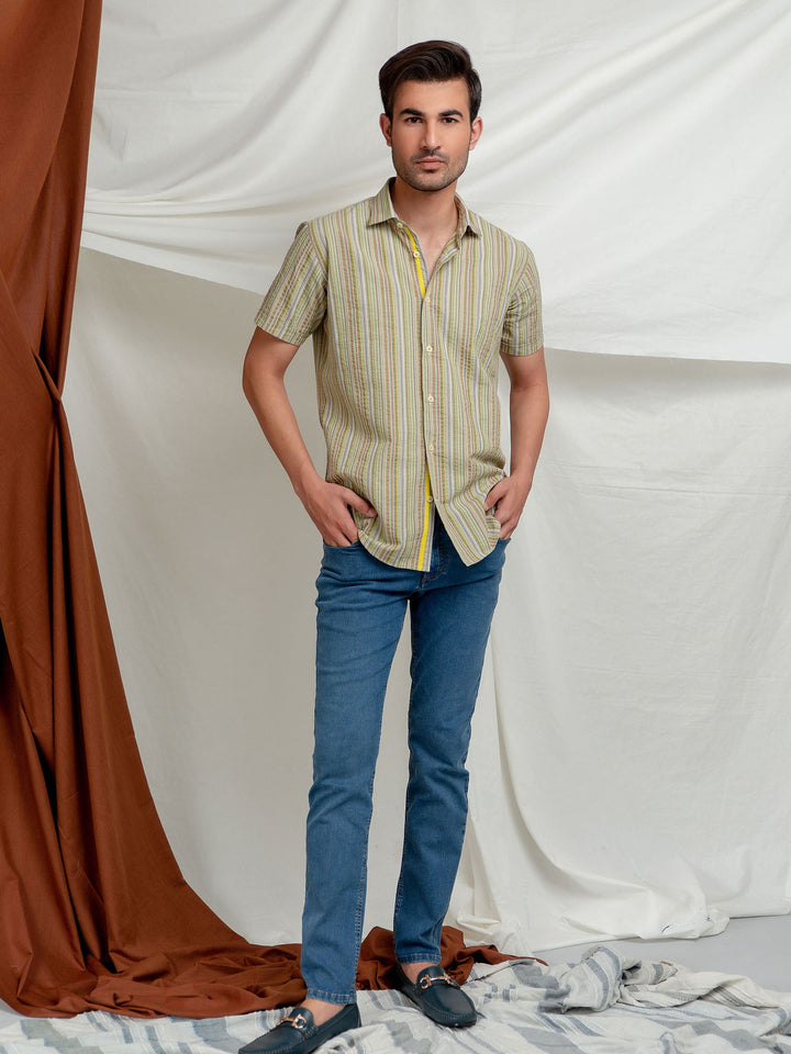 Olive Striped Seersucker Half Sleeve Shirt Brumano Pakistan