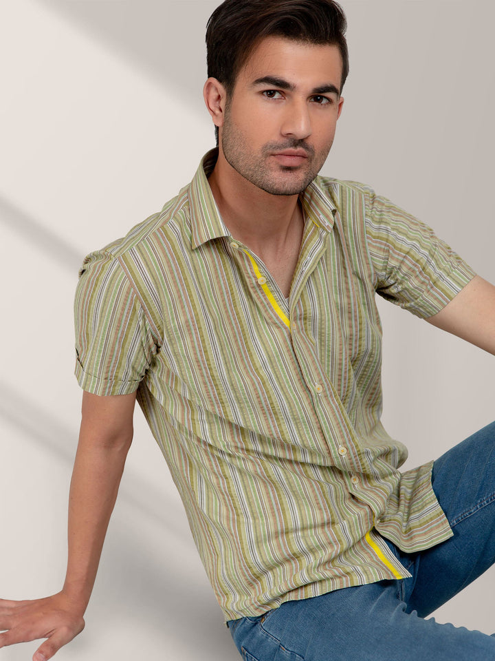 Olive Striped Seersucker Half Sleeve Shirt Brumano Pakistan