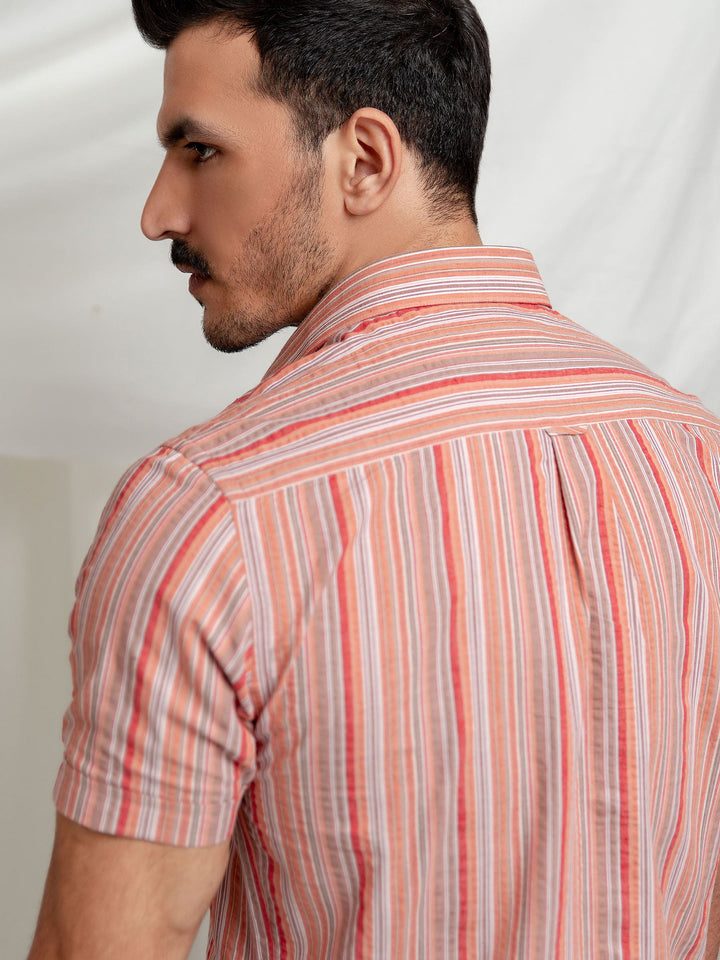 Orange Striped Seersucker Half Sleeve Shirt Brumano Pakistan