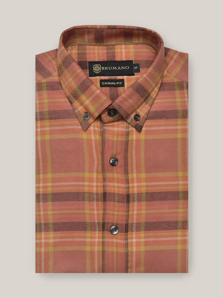 Orange Large Checkered Flannel Shirt With Button Down Collar Brumano Pakistan