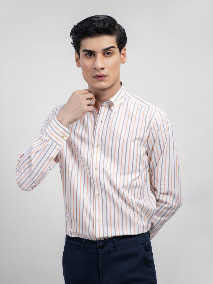 Orange & White Striped Button Down Shirt With Detailing Brumano pakistan