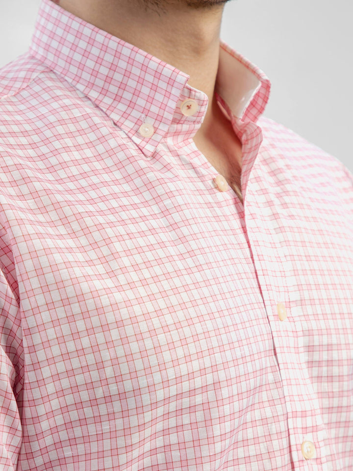 Pink Linen Gingham Shirt With Button Down Collar Brumano Pakistan