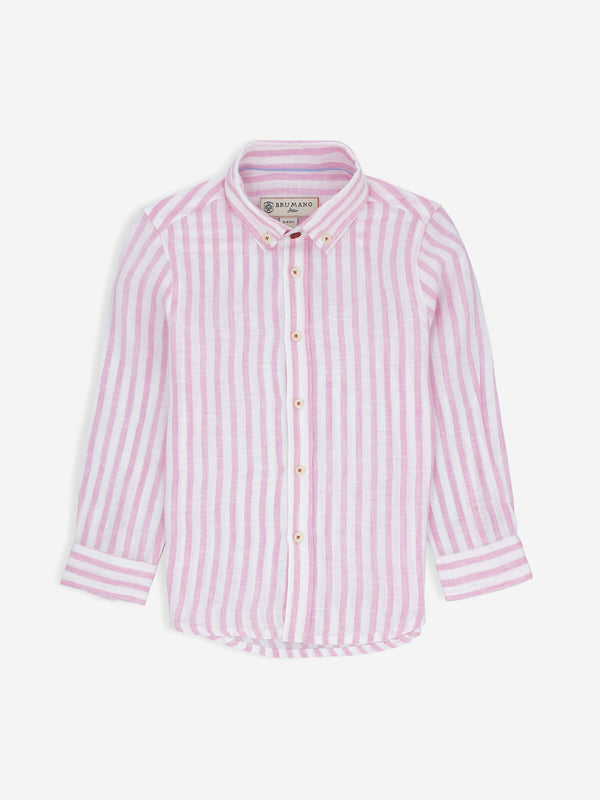 Pink Striped 100% Linen Long Sleeve Casual Shirt