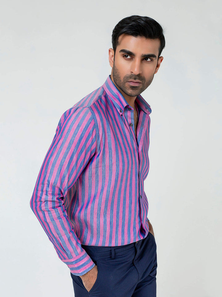 Pink & Blue Bold Striped Linen & Silk Shirt Brumano Pakistan