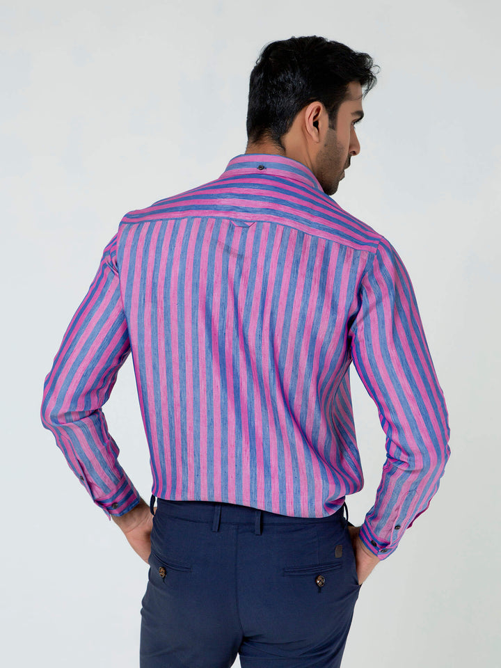 Pink & Blue Bold Striped Linen & Silk Shirt Brumano Pakistan