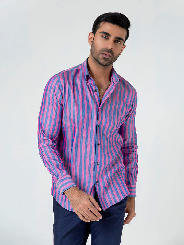 Pink & Blue Bold Striped Linen & Silk Shirt Brumano Pakistan