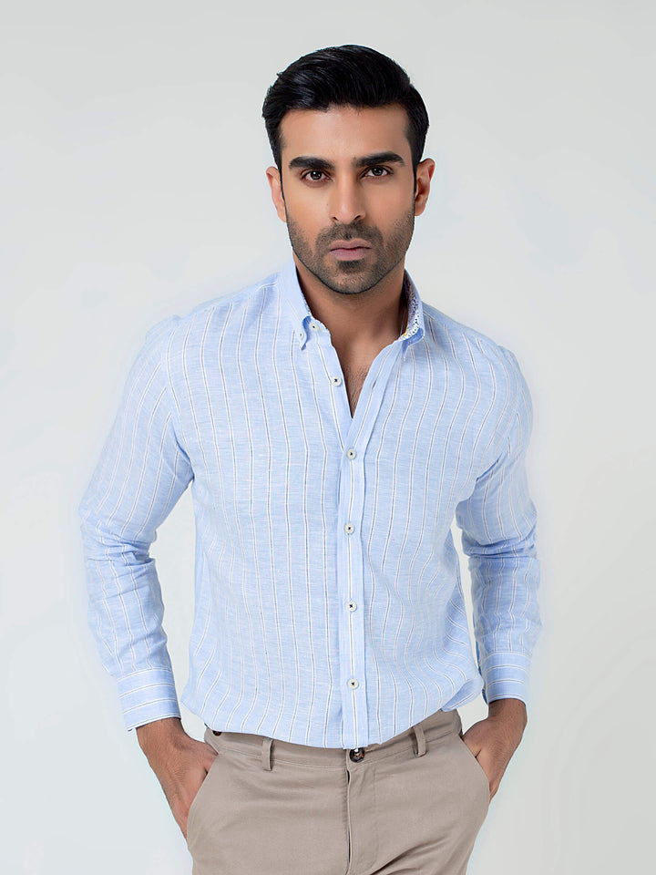 Sky Blue 100% Linen Striped Shirt Brumano Pakistan