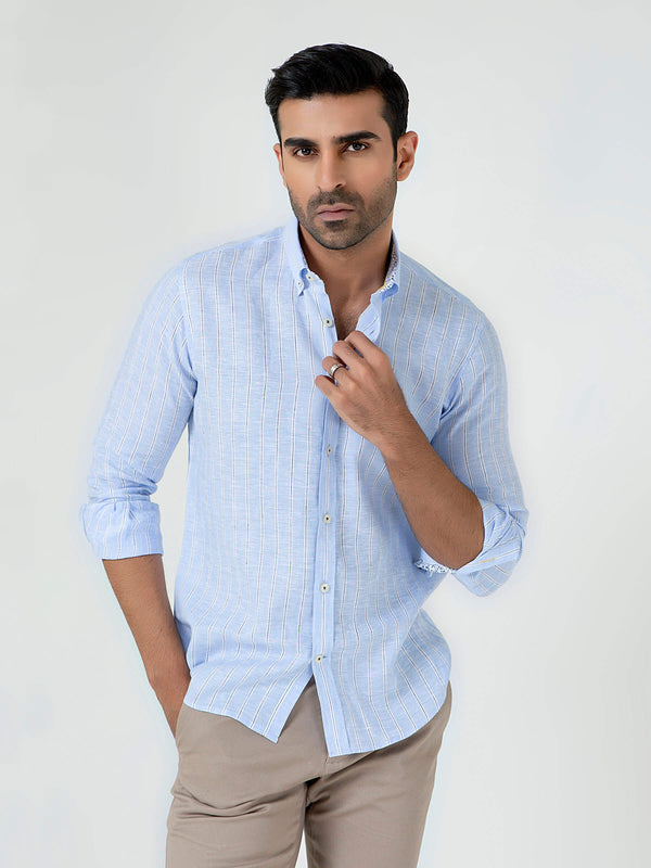 Sky Blue 100% Linen Striped Shirt Brumano Pakistan