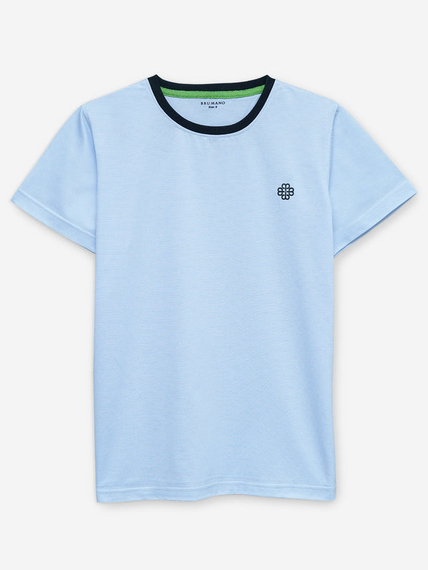 Sky Blue Striped Crew Neck T-Shirt With Contrasting Rib Brumano Pakistan