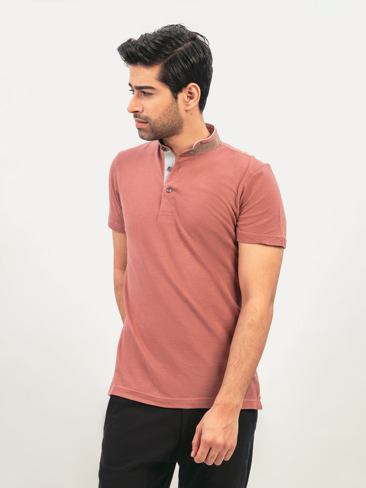 Tea Pink Mao Collar Polo Shirt With Detailing Brumano Pakistan