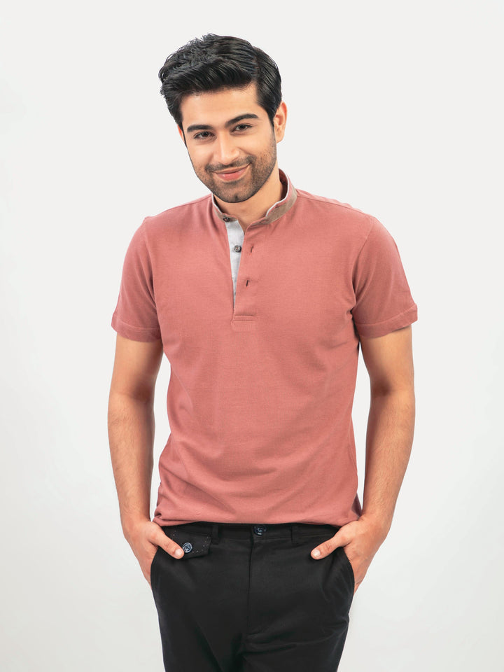 Tea Pink Mao Collar Polo Shirt With Detailing Brumano Pakistan