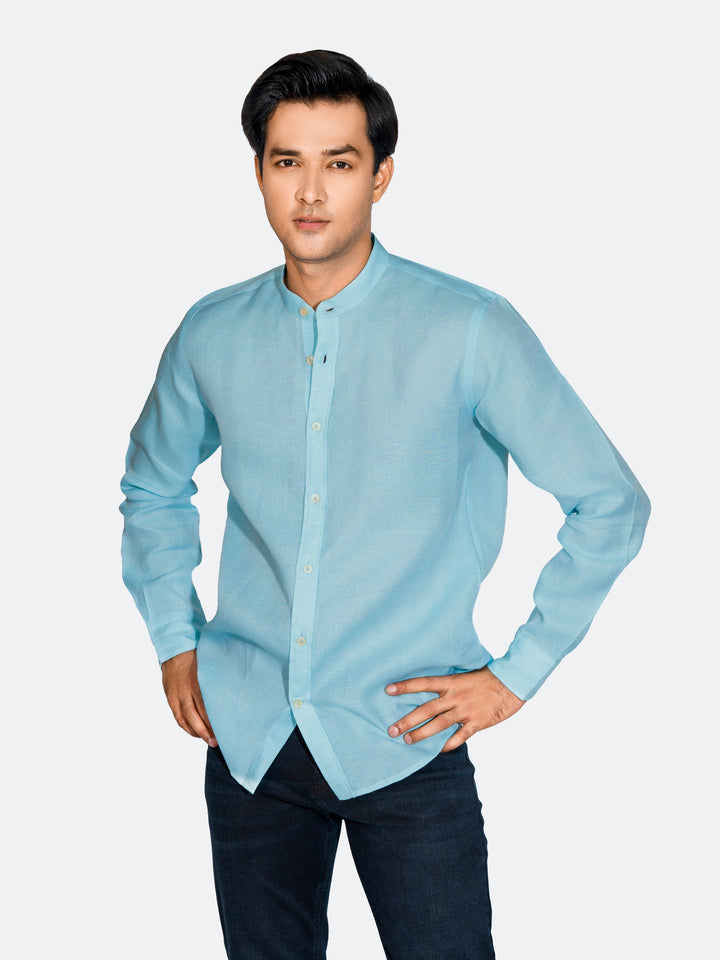 Turquoise Blue Linen Mao Collar Shirt Brumano Pakistan